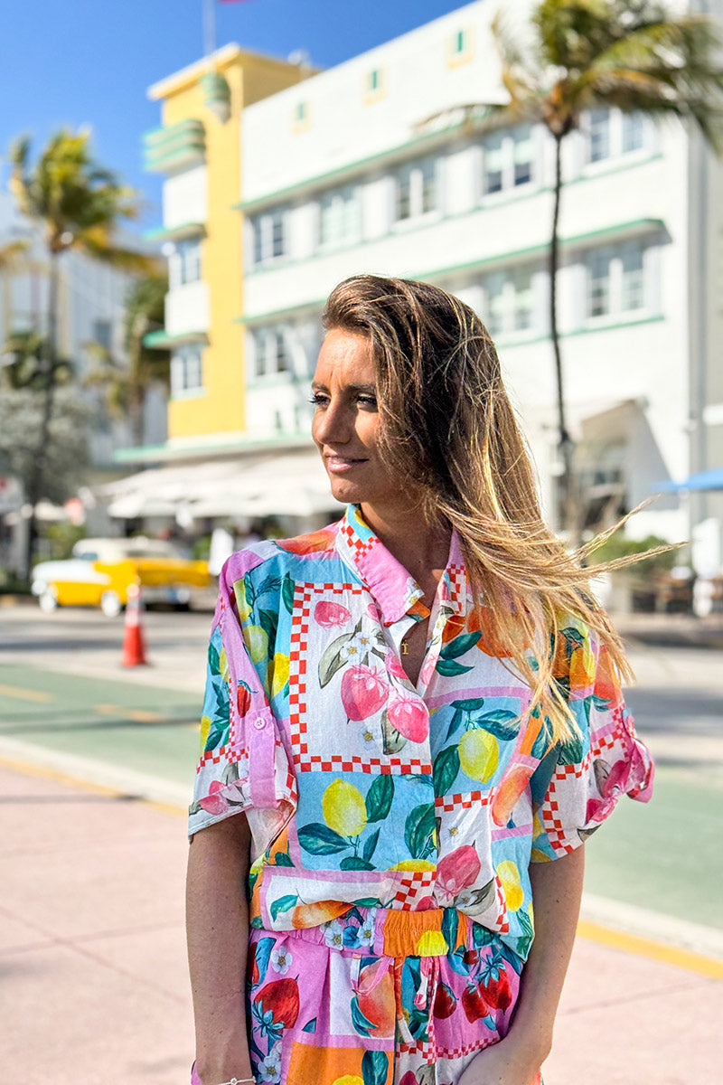 Multicolor Fruit Print Cap Sleeve Button-Down