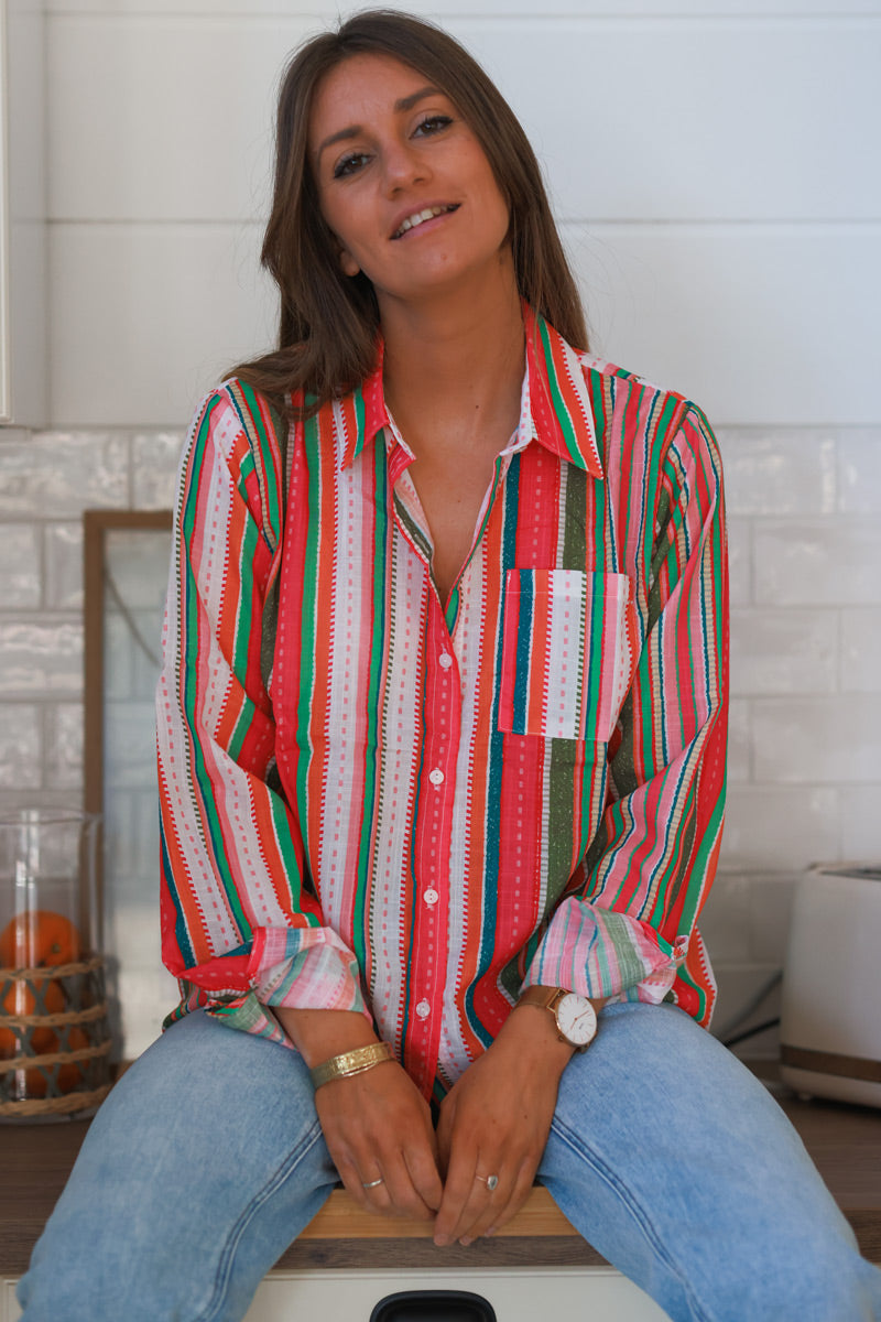 Chemise légère imprimé rayures verticales corail et kaki