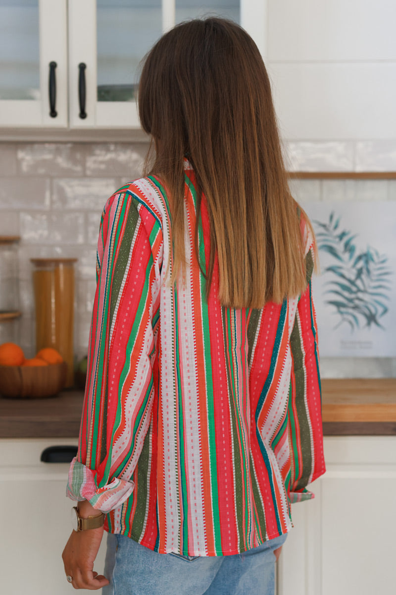Chemise légère imprimé rayures verticales corail et kaki