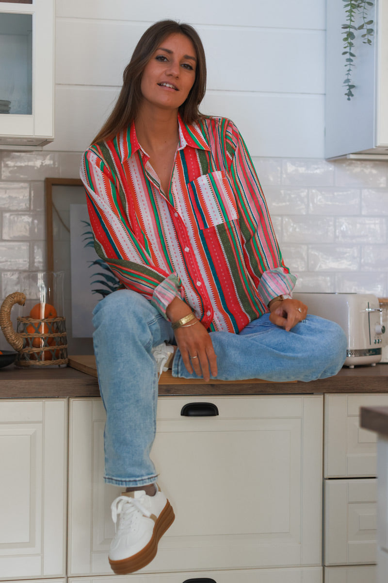 Chemise légère imprimé rayures verticales corail et kaki