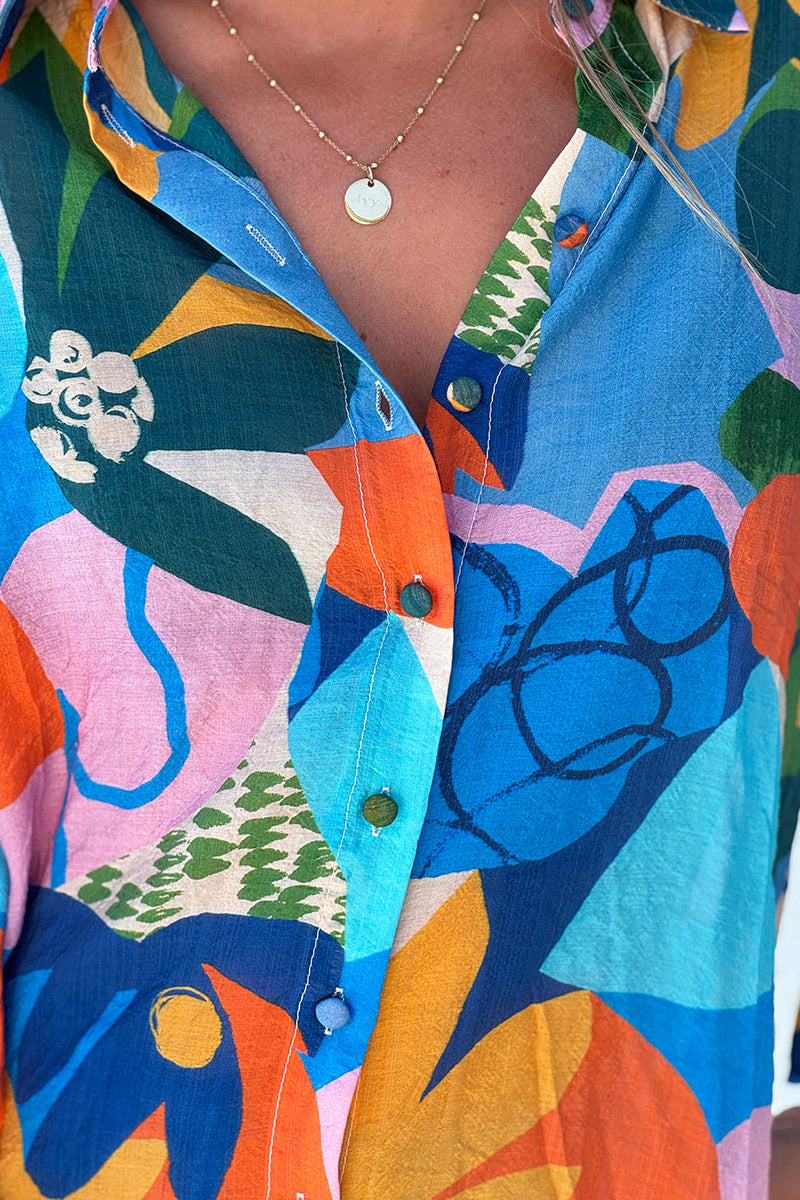 Blue Floral Art Collage Button-Down Blouse