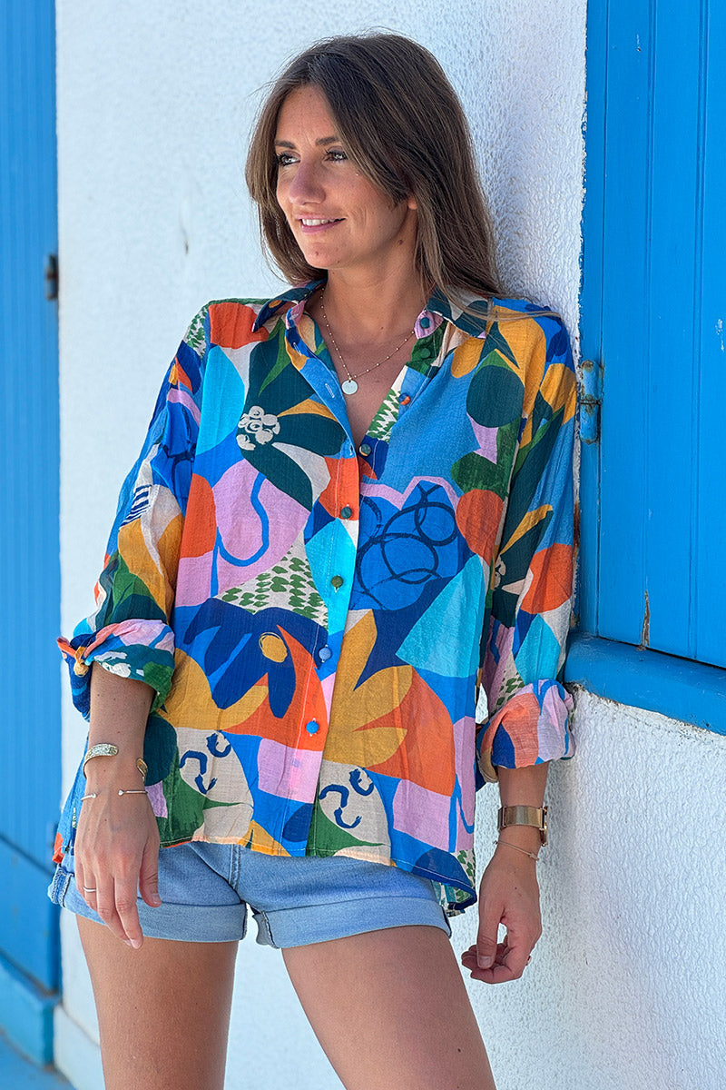 Blue Floral Art Collage Button-Down Blouse