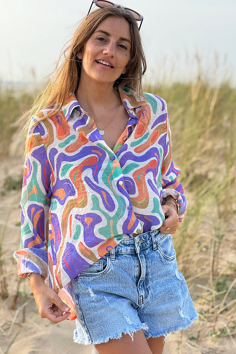 Chemise légère toucher soie imprimé vagues abstraites pastel