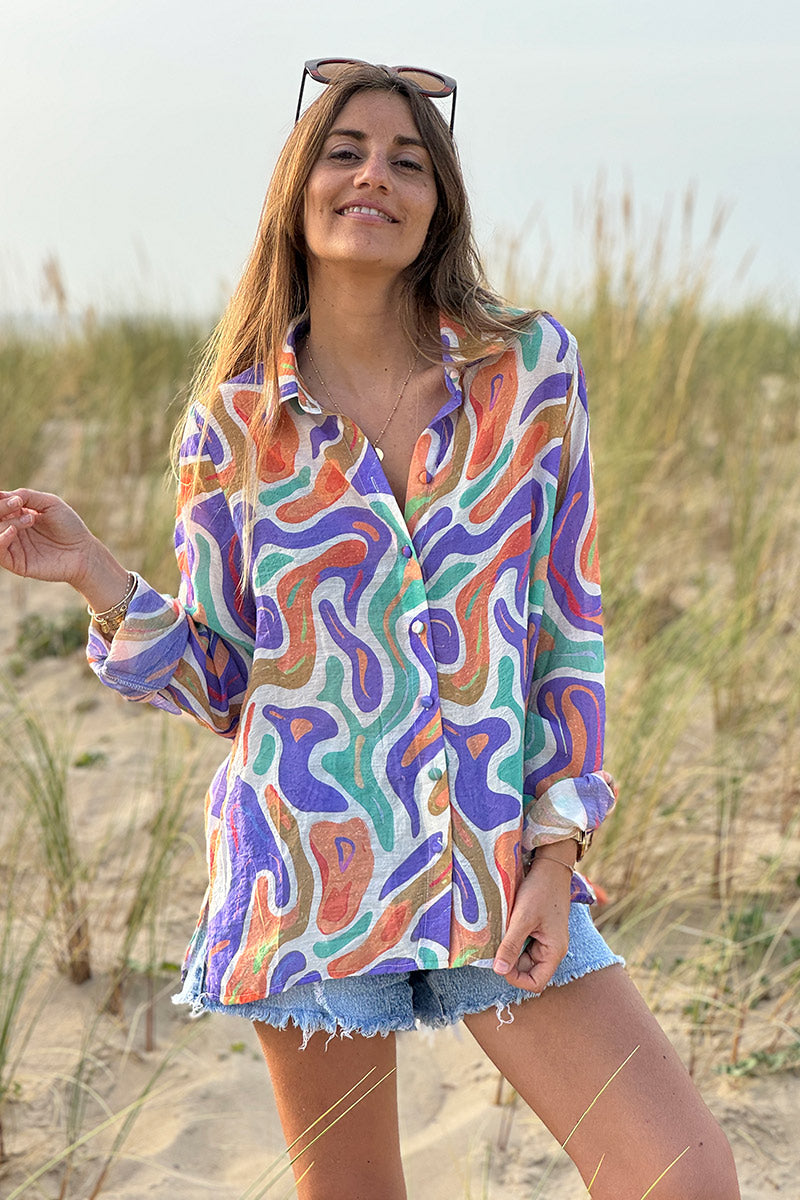 Chemise légère toucher soie imprimé vagues abstraites pastel