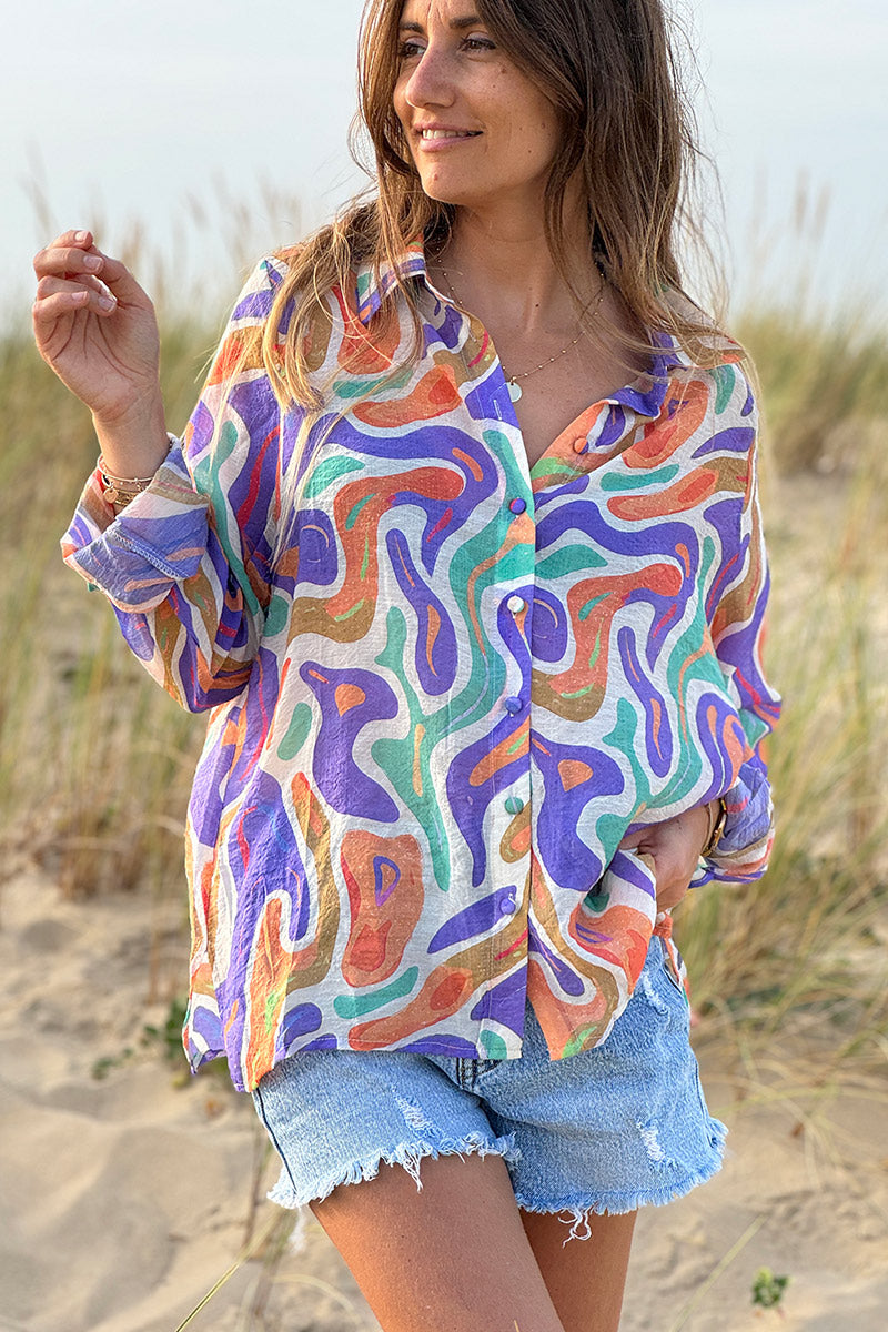 Chemise légère toucher soie imprimé vagues abstraites pastel