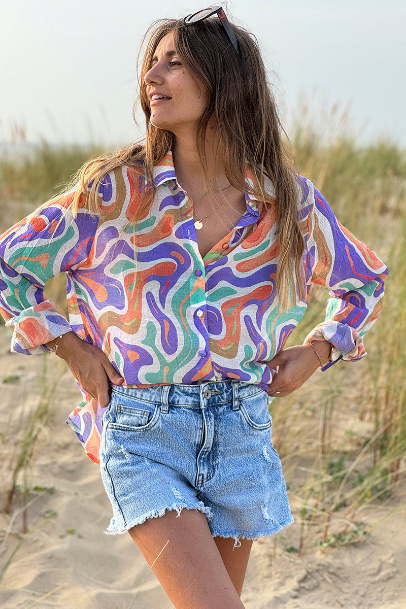 Chemise légère toucher soie imprimé vagues abstraites pastel