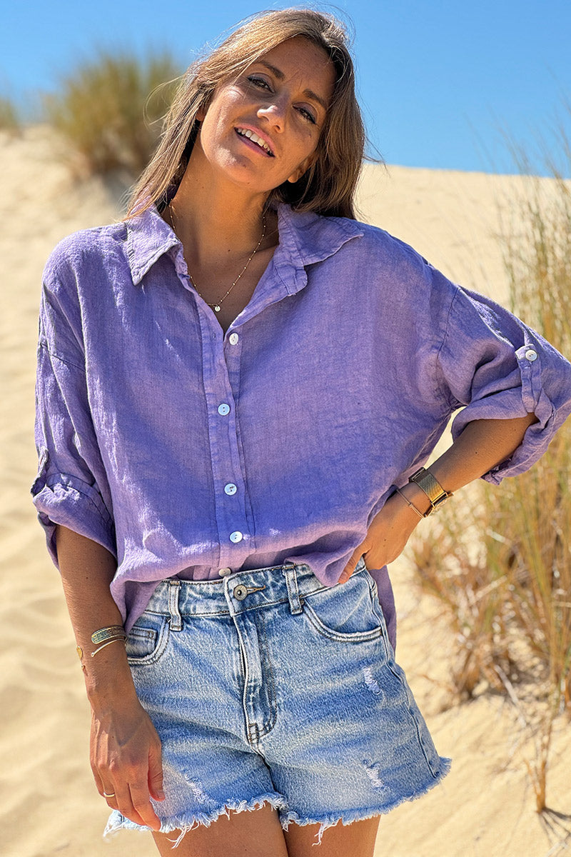 Chemise lilas en lin boutons nacres