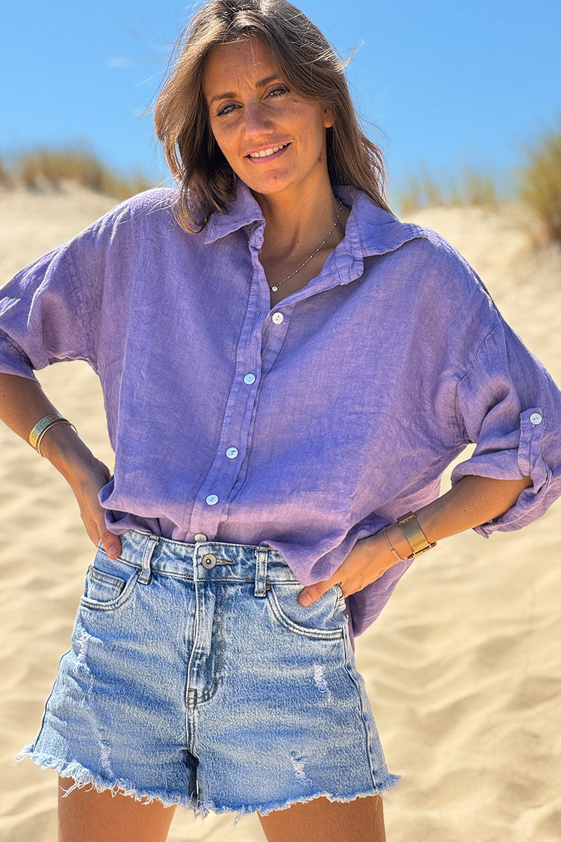 Lilac Roll-Cuff Button-Down Blouse