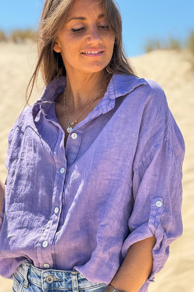 Lilac Roll-Cuff Button-Down Blouse