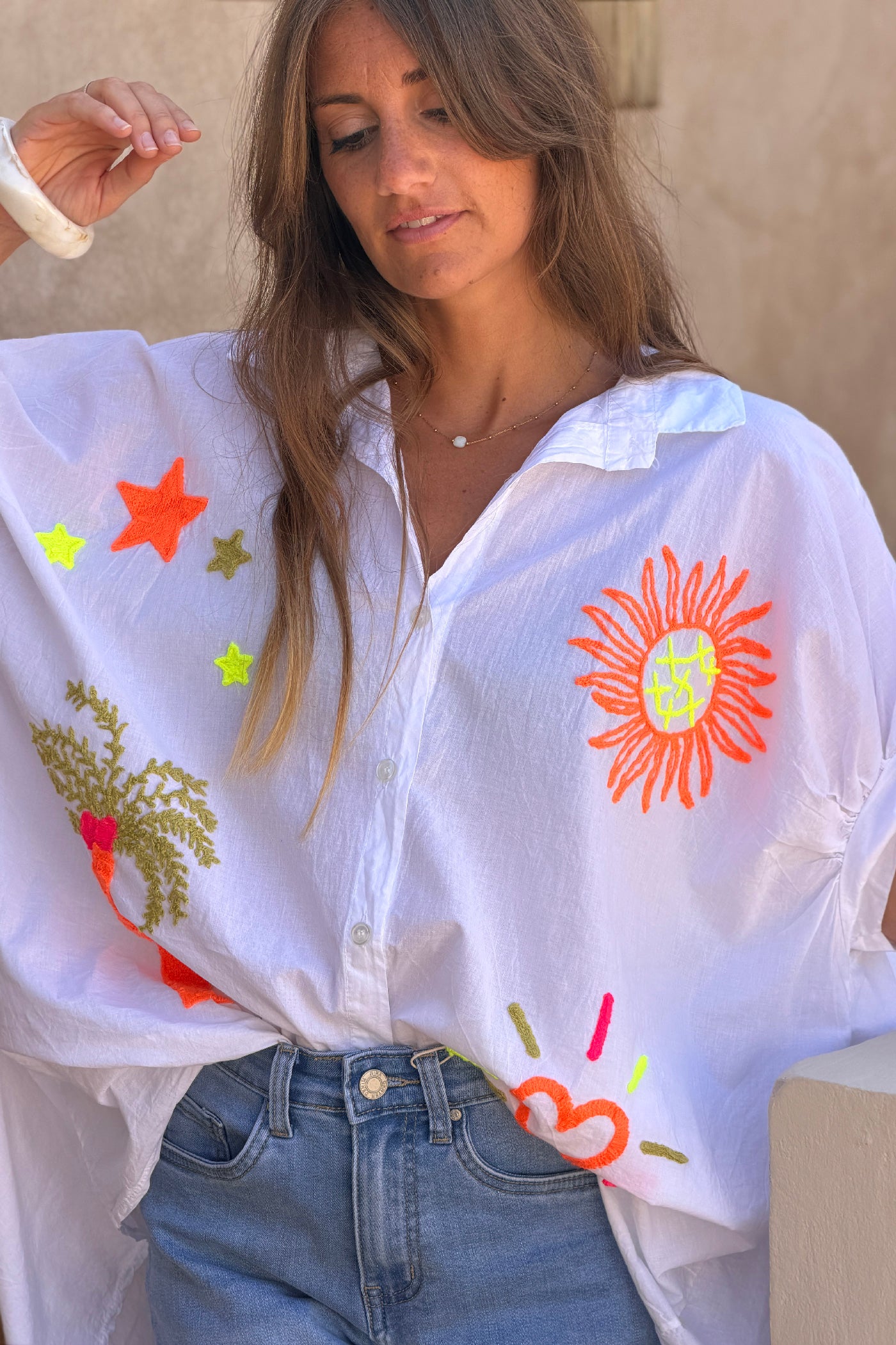 White “Neon Summer” Cotton Button-Down Blouse