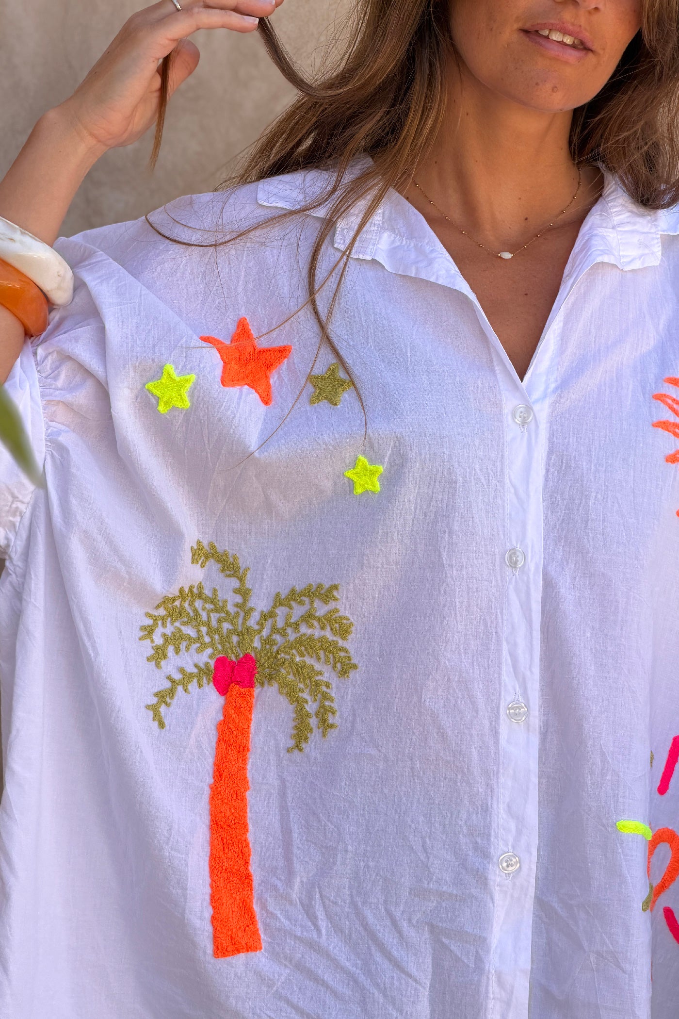 White “Neon Summer” Cotton Button-Down Blouse