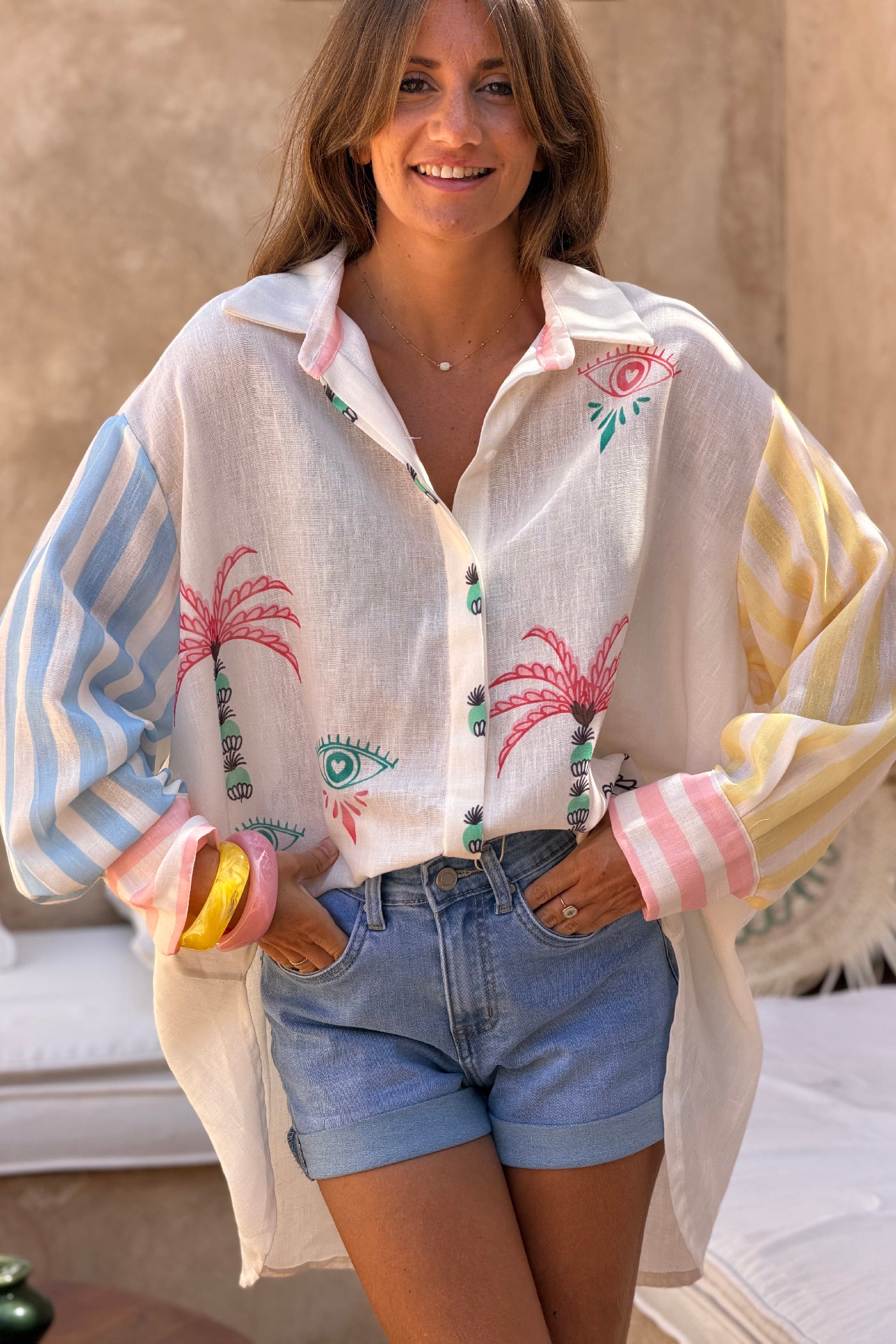 Cream “Pink Palms” Cabana Sleeve Blouse