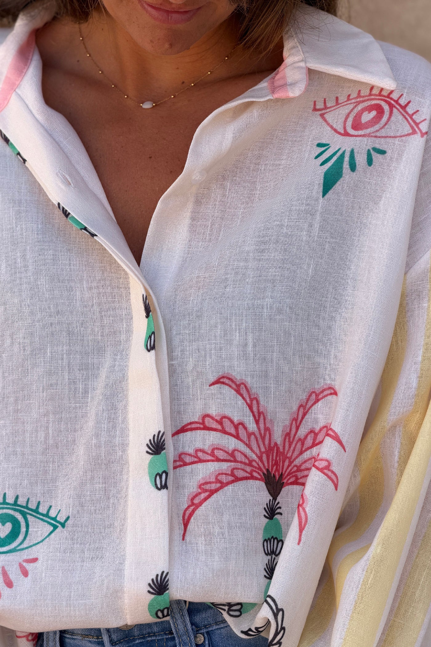 Cream “Pink Palms” Cabana Sleeve Blouse