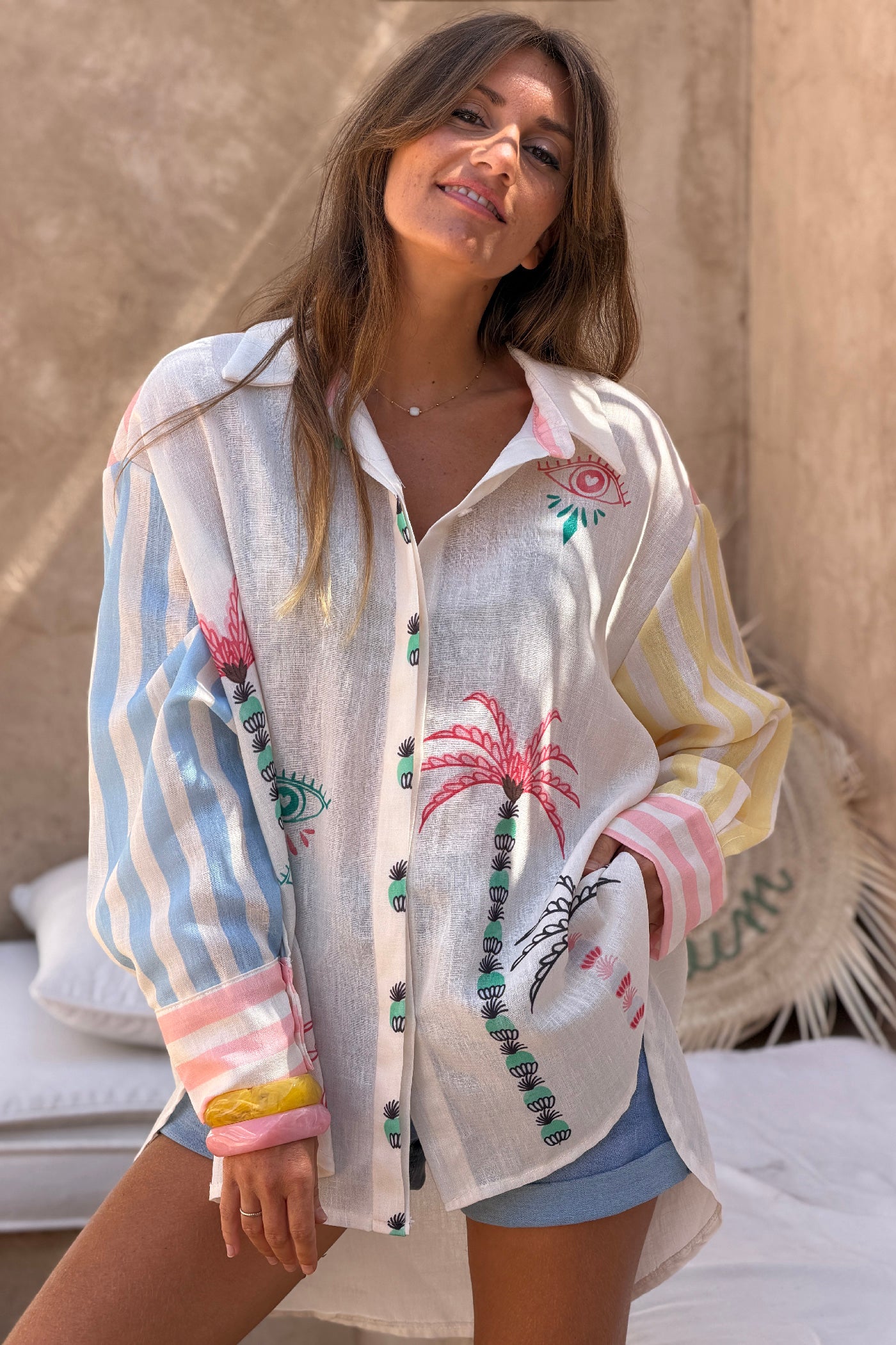 Cream “Pink Palms” Cabana Sleeve Blouse