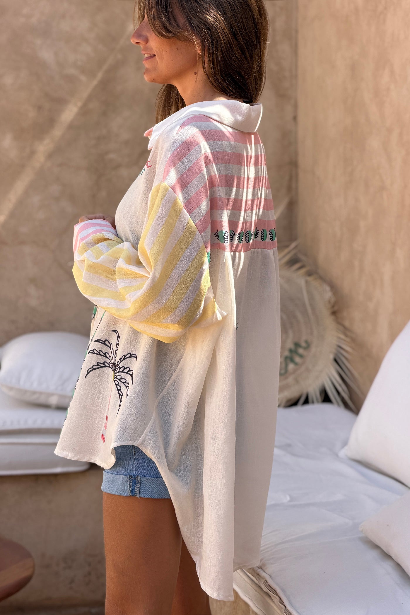 Cream “Pink Palms” Cabana Sleeve Blouse