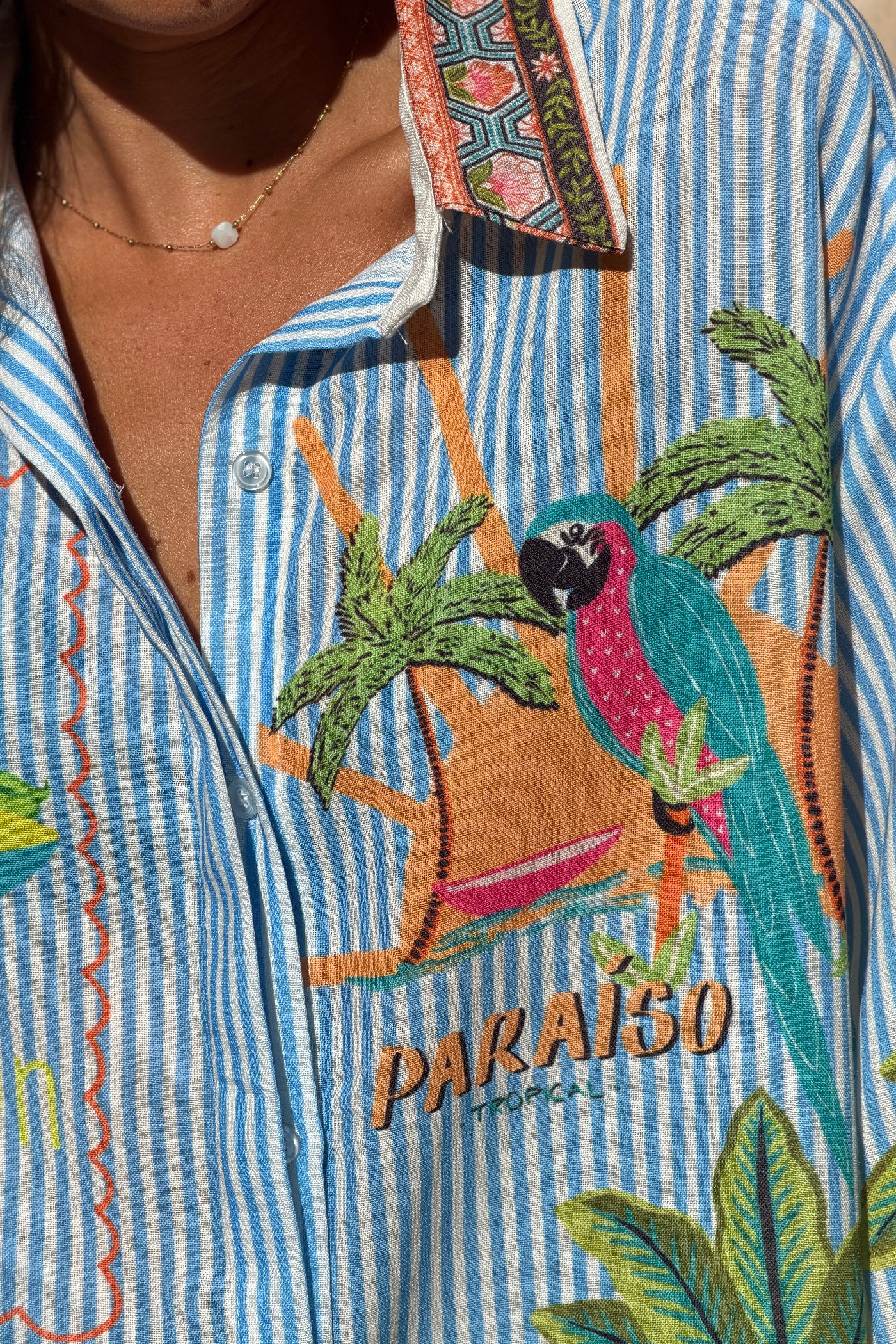 Blue Pinstripe “Paradiso” Tropical Button-Down Blouse