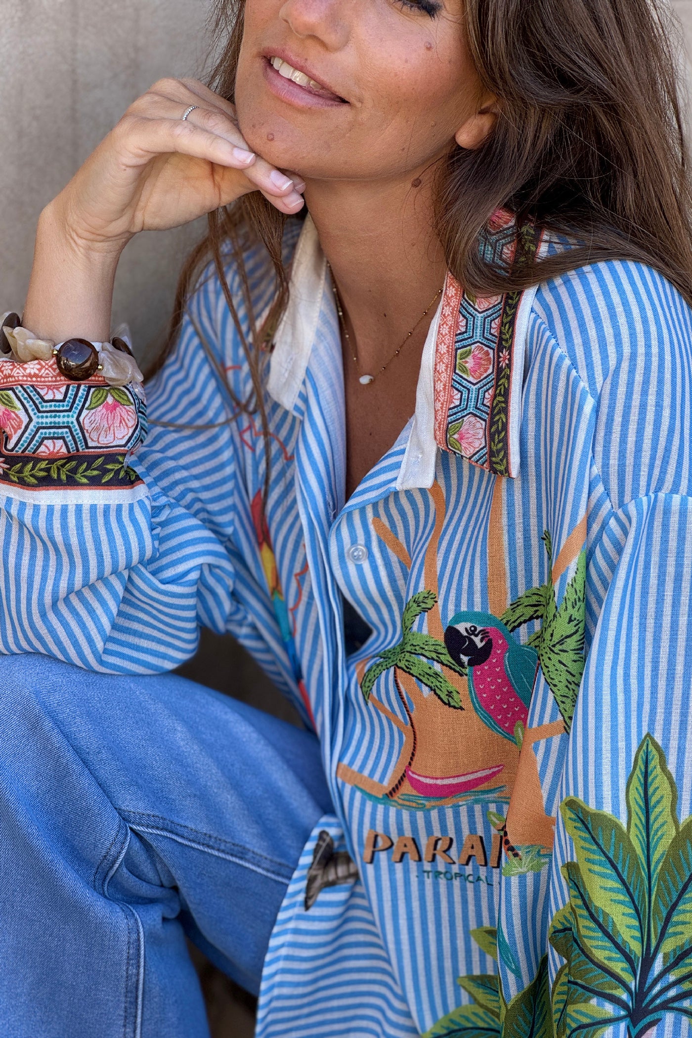 Blue Pinstripe “Paradiso” Tropical Button-Down Blouse