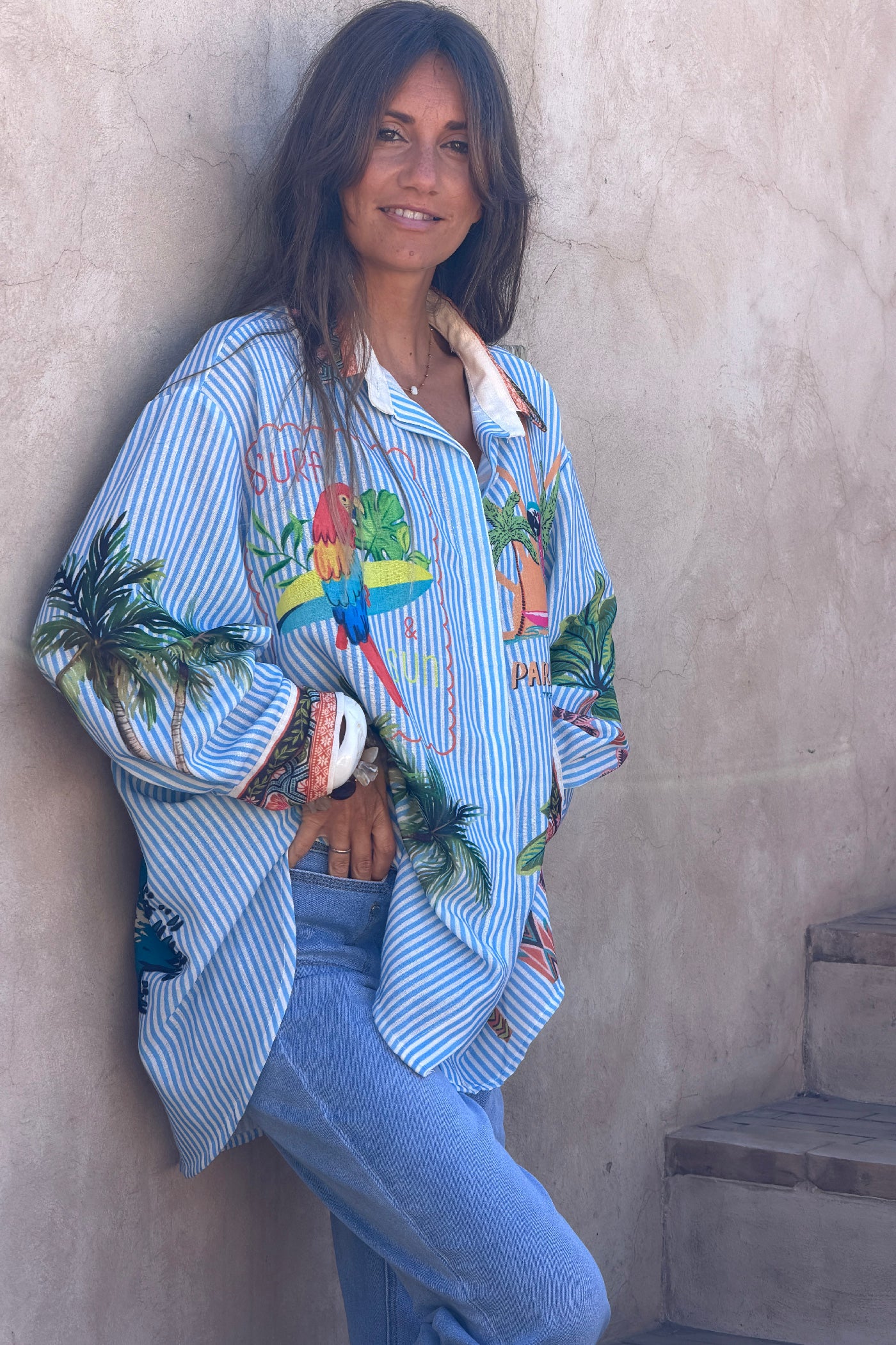 Blue Pinstripe “Paradiso” Tropical Button-Down Blouse