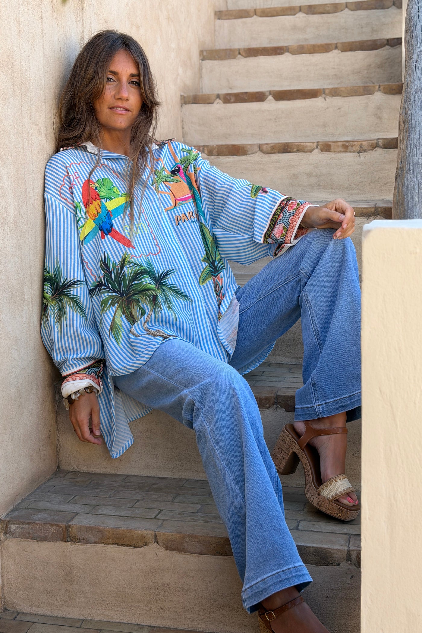 Blue Pinstripe “Paradiso” Tropical Button-Down Blouse