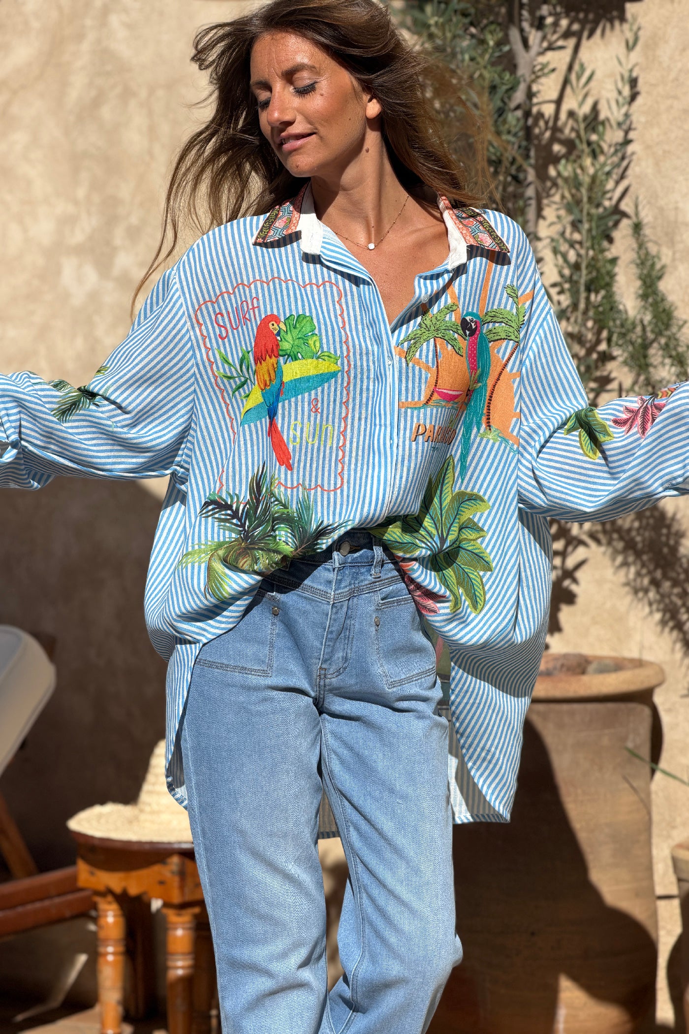 Blue Pinstripe “Paradiso” Tropical Button-Down Blouse