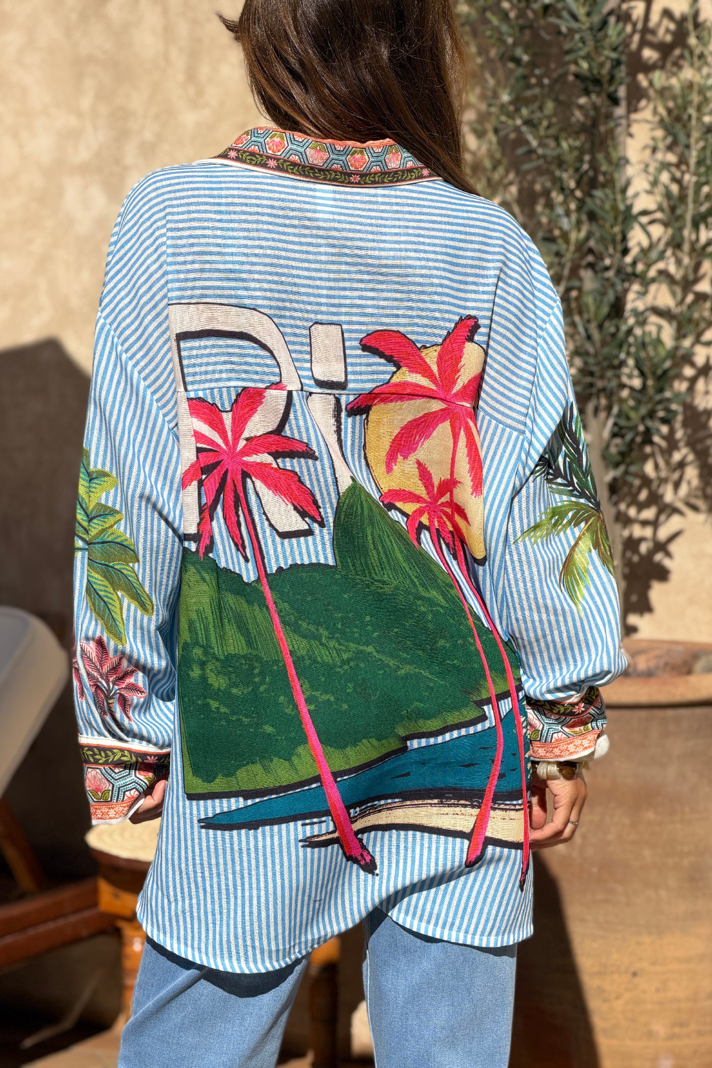 Blue Pinstripe “Paradiso” Tropical Button-Down Blouse