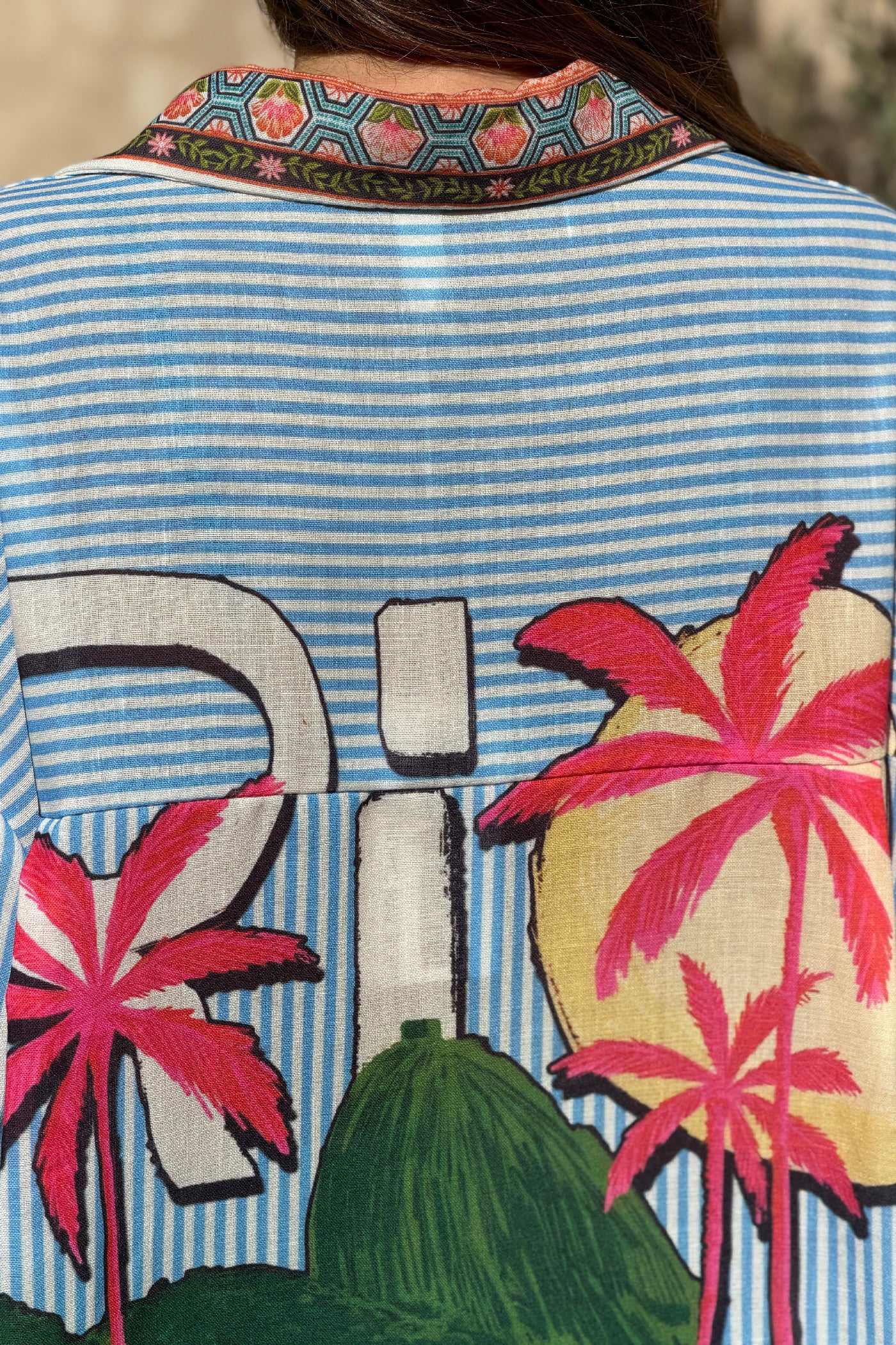 Blue Pinstripe “Paradiso” Tropical Button-Down Blouse