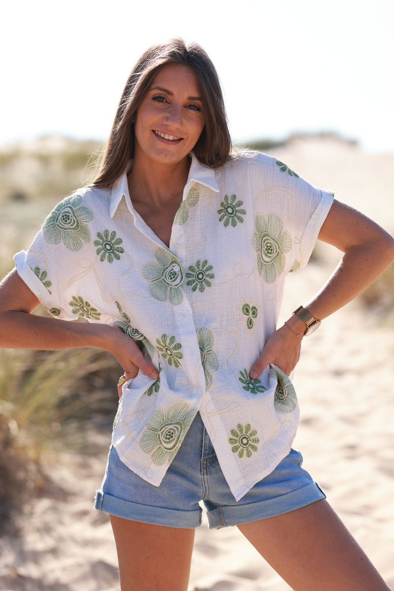 White Embroidered Olive Flowers Gauze Shirt