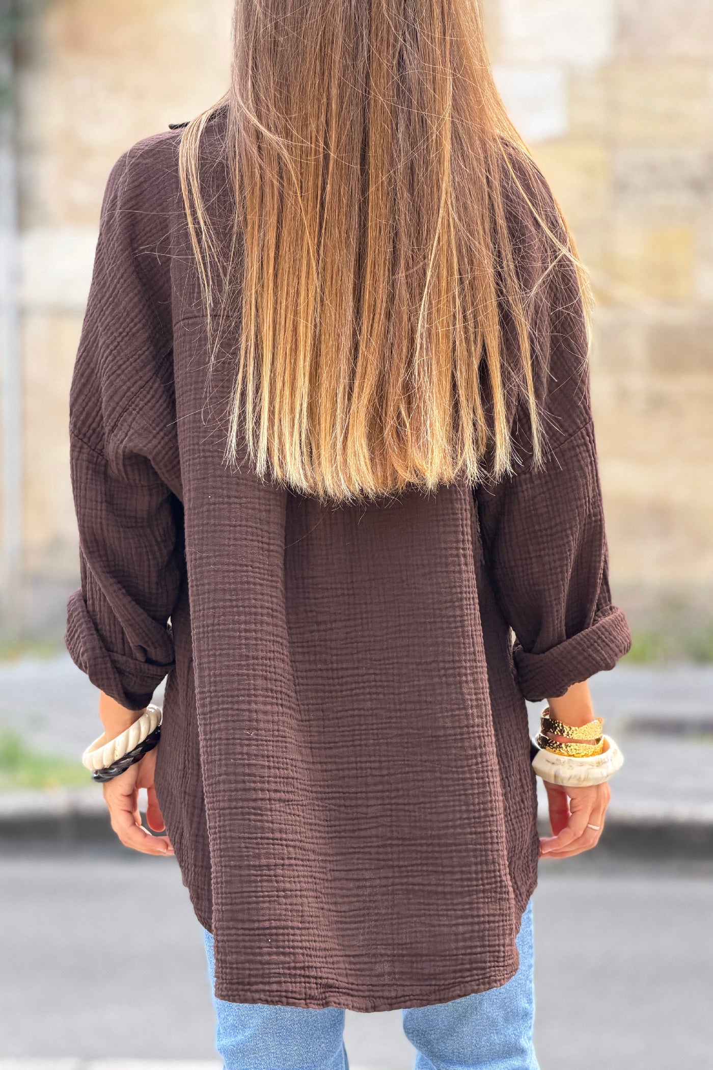 Brown Crinkle Gauze Button-Down Beach Shirt