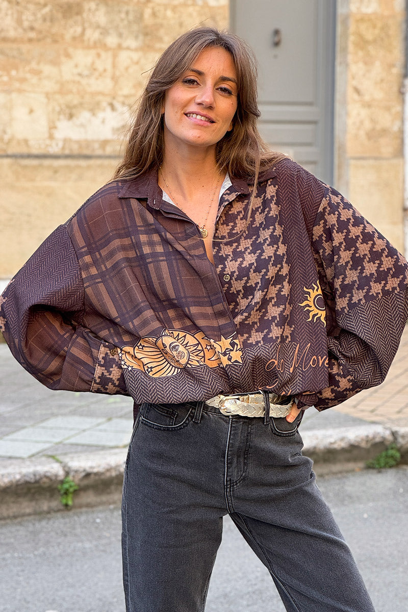 Chocolate Brown Mystic Patterns Button-Down Blouse