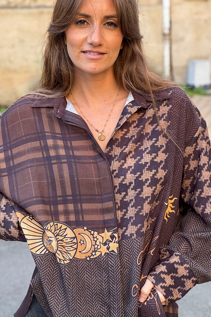 Chocolate Brown Mystic Patterns Button-Down Blouse
