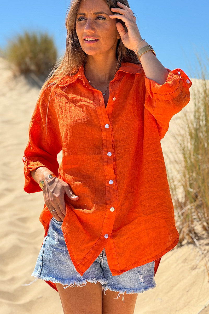 Chemise orange en lin boutons nacres