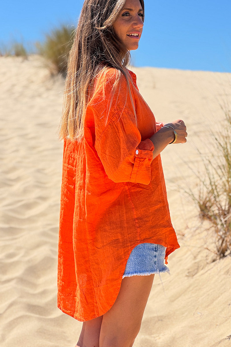 Chemise orange en lin boutons nacres