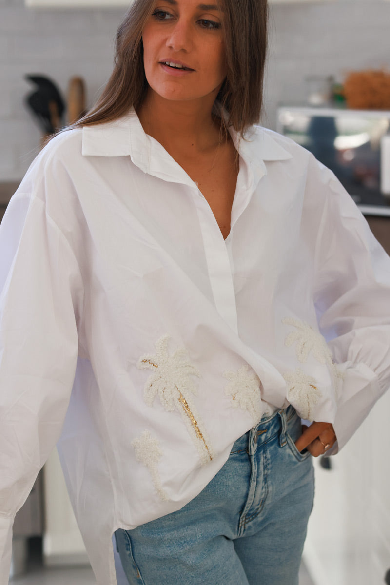 Camisa oversize de algodón blanco con bordado de palmeras en rizo y lentejuelas