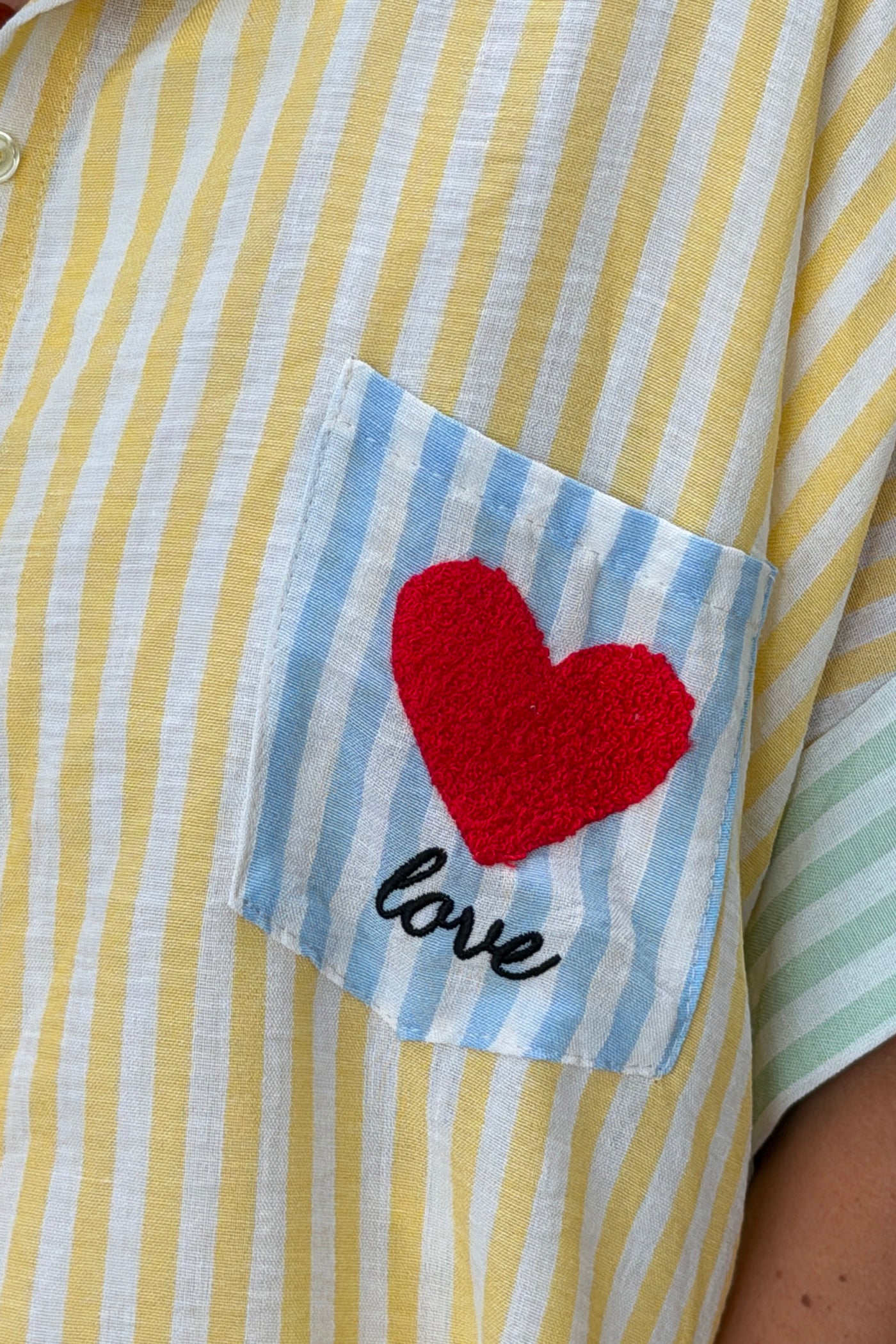 Yellow Pastel Pinstripe Embroidered Pocket Blouse