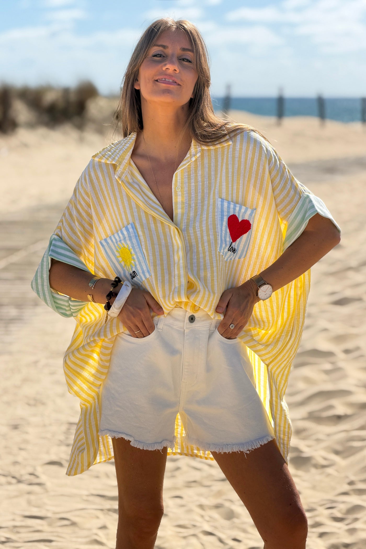 Yellow Pastel Pinstripe Embroidered Pocket Blouse