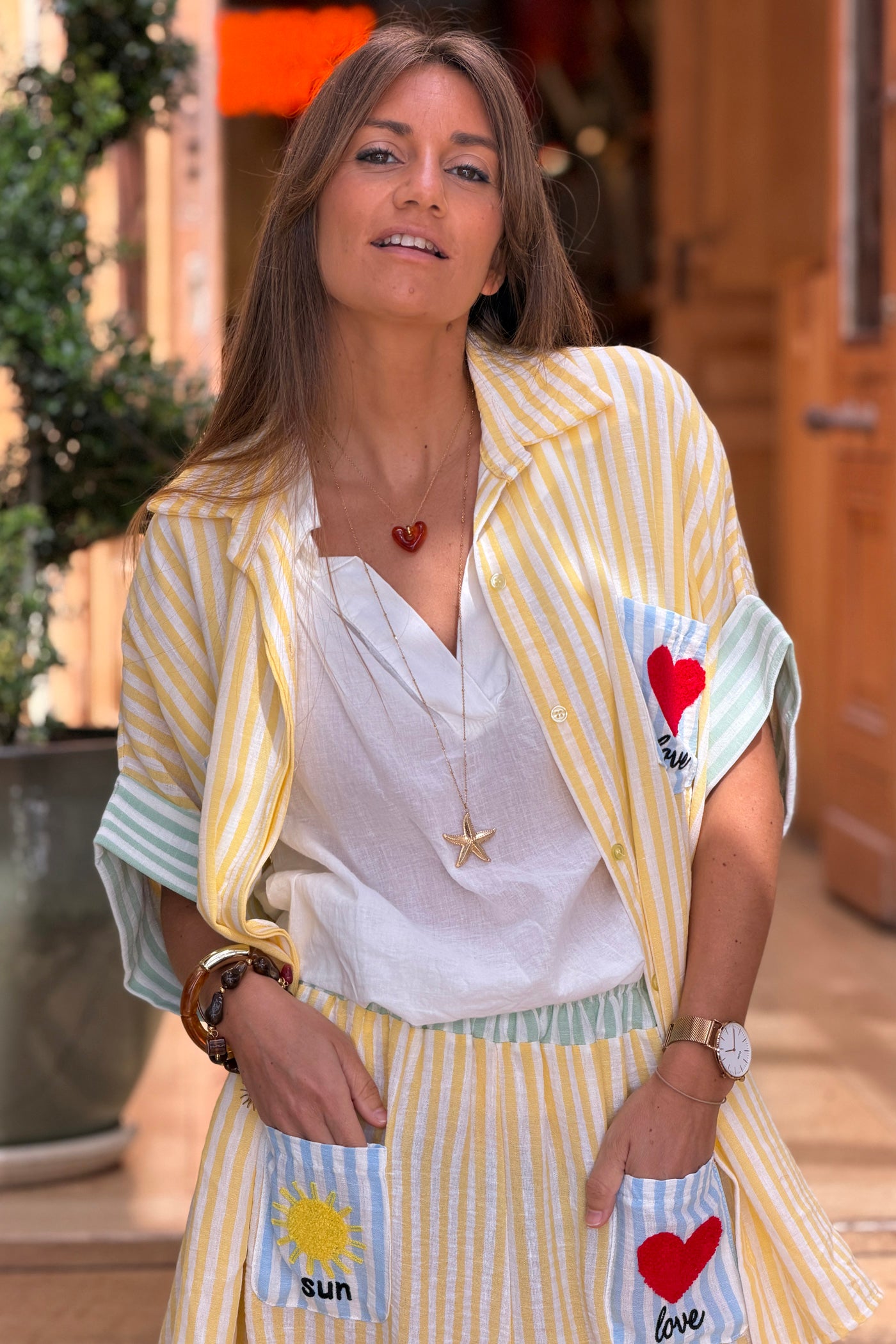 Yellow Pastel Pinstripe Embroidered Pocket Blouse
