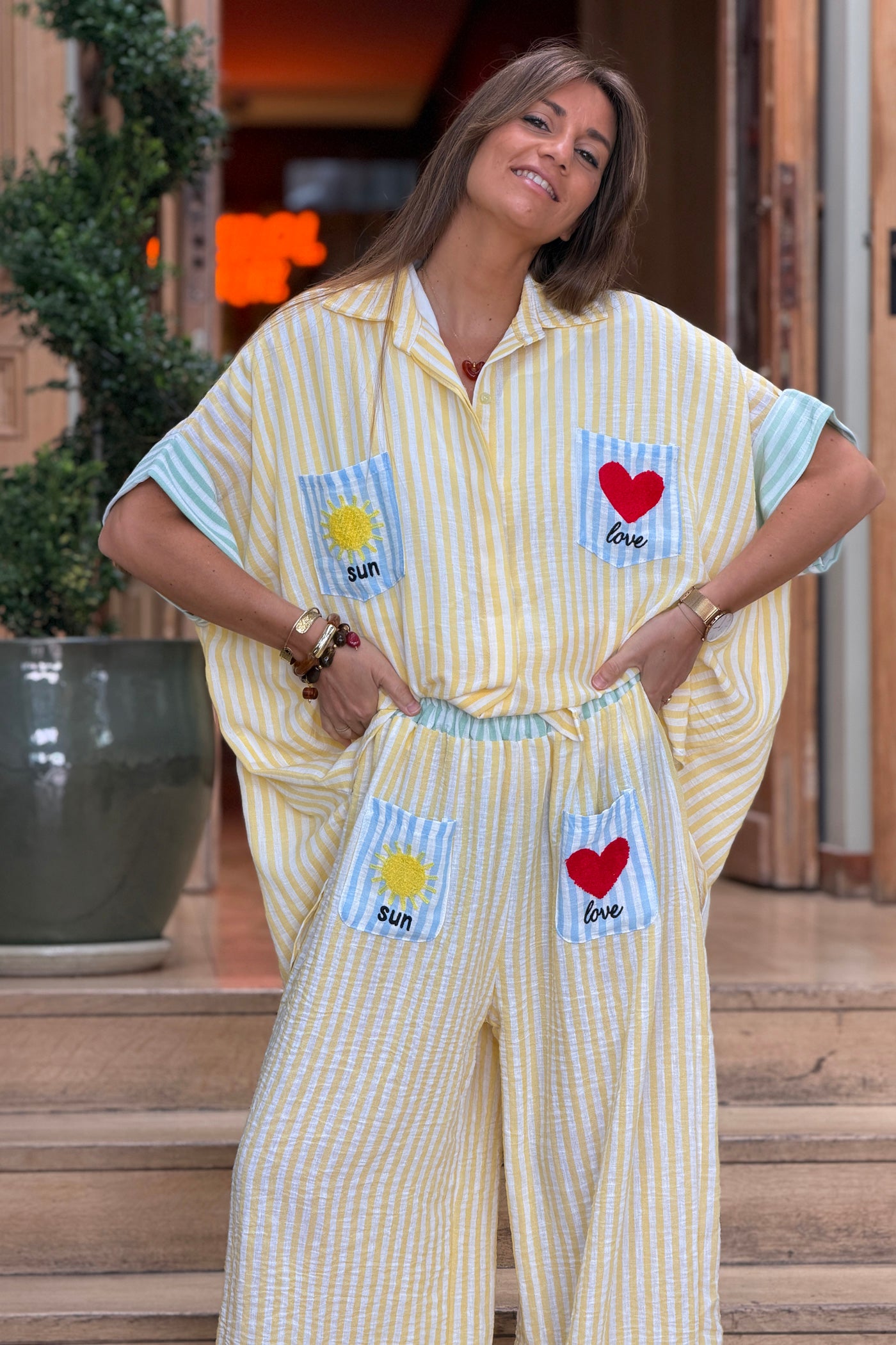 Yellow Pastel Pinstripe Embroidered Pocket Blouse