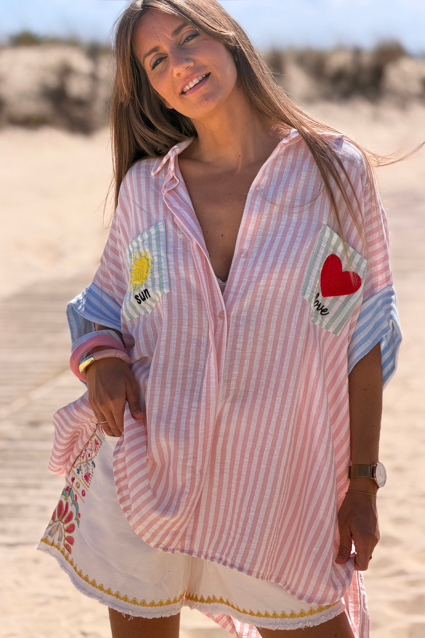 Pink Pastel Pinstripe Embroidered Pocket Blouse