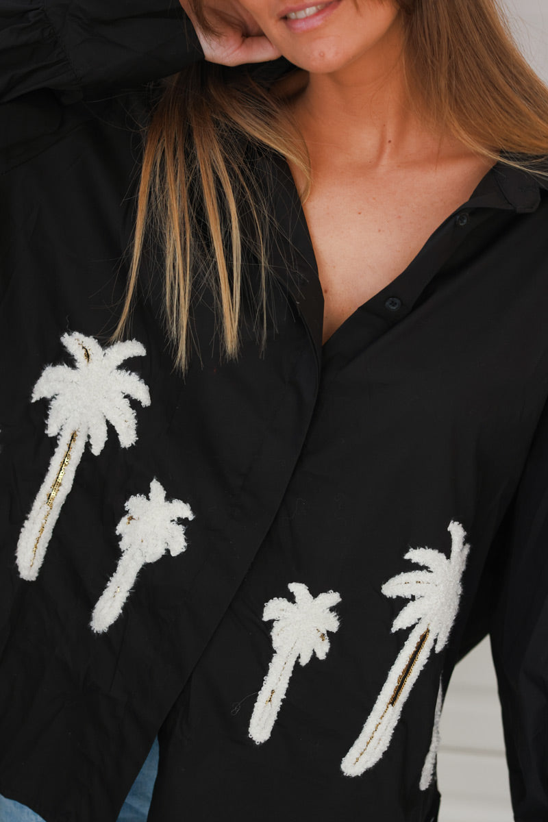 Camisa oversize negra de algodón con bordado de palmeras en rizo y lentejuelas