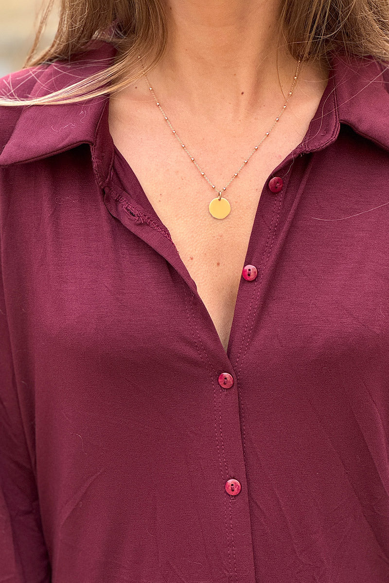 Burgundy Silky Button-Down Shirt