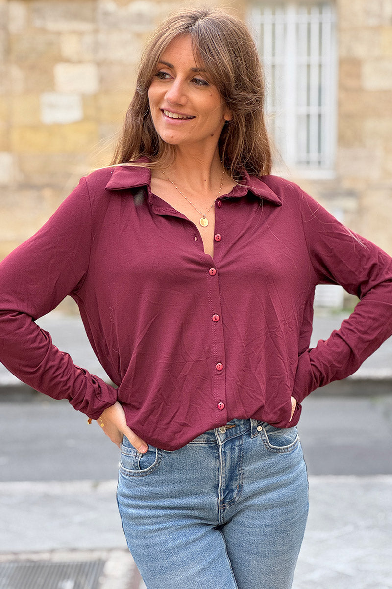 Burgundy Silky Button-Down Shirt