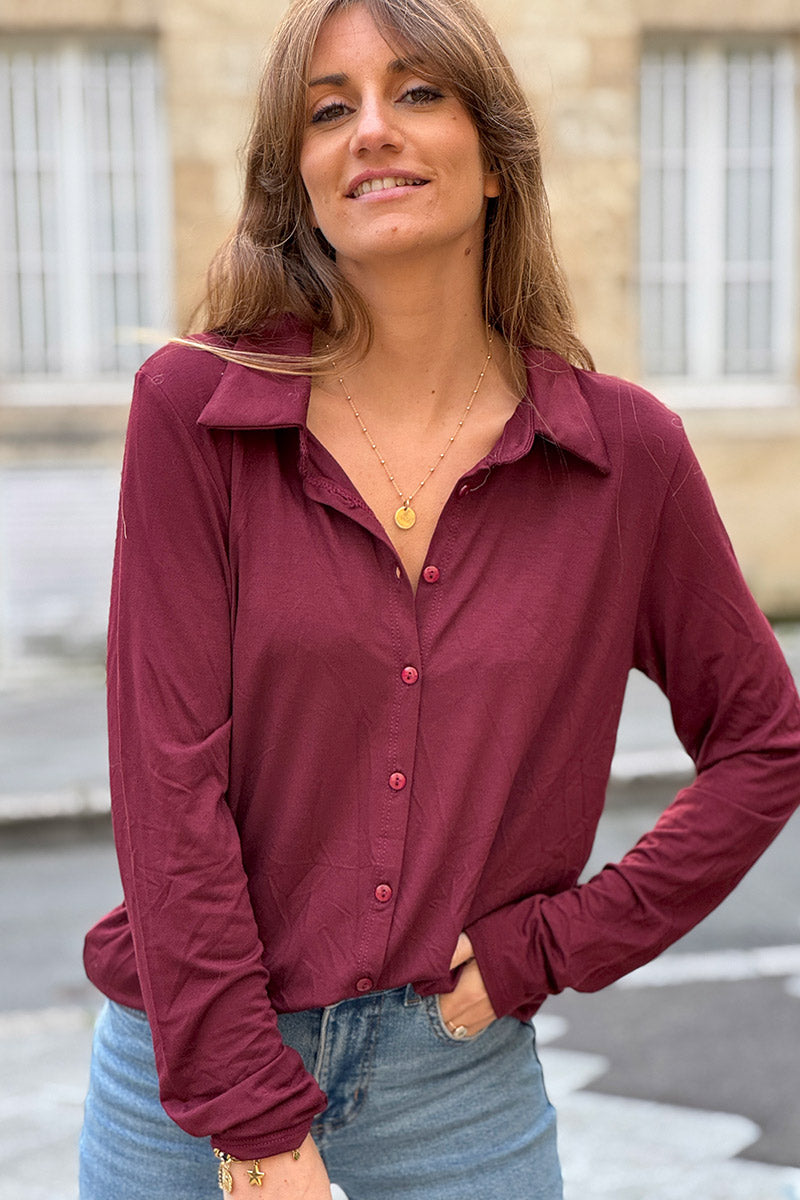Burgundy Silky Button-Down Shirt