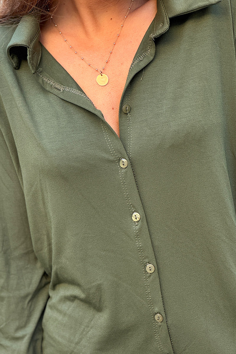 Olive Silky Button-Down Shirt
