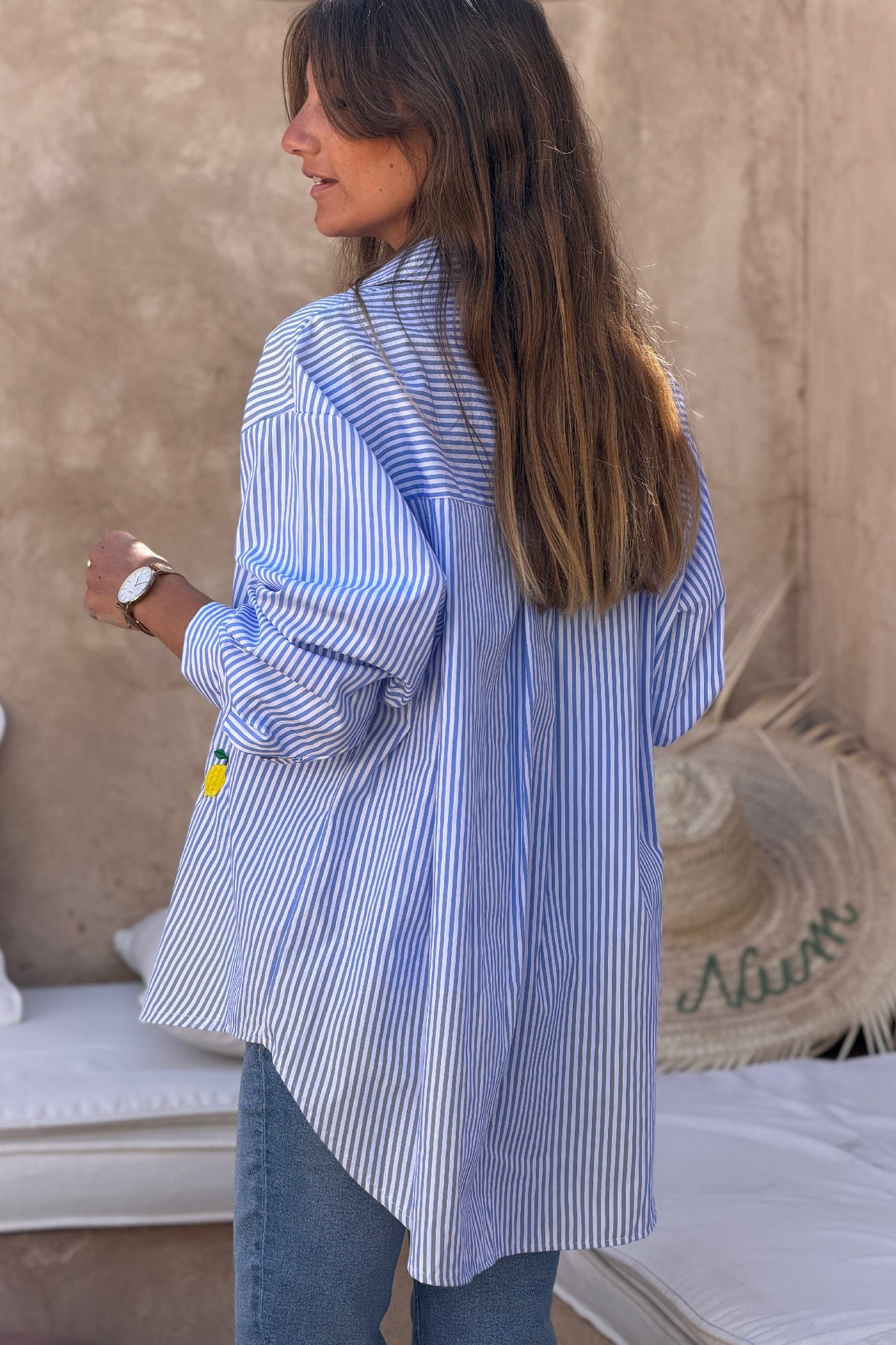 Chemise rayée bleu broderie citrons