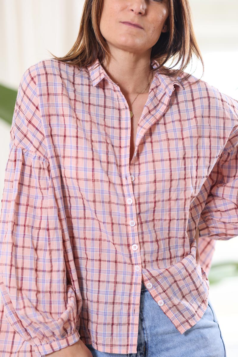 Chemise rose a carreaux en coton manches bouffantes g092 (1)