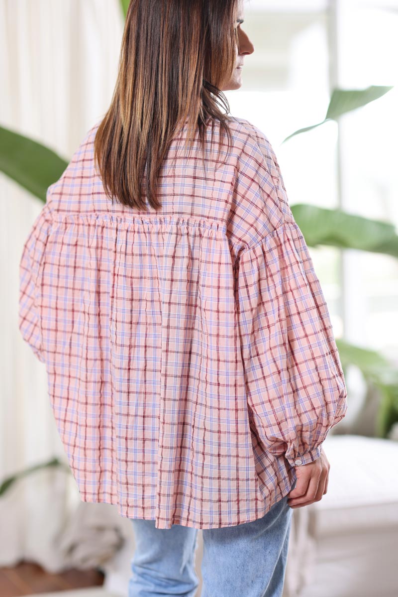 Chemise rose a carreaux en coton manches bouffantes g092 (1)