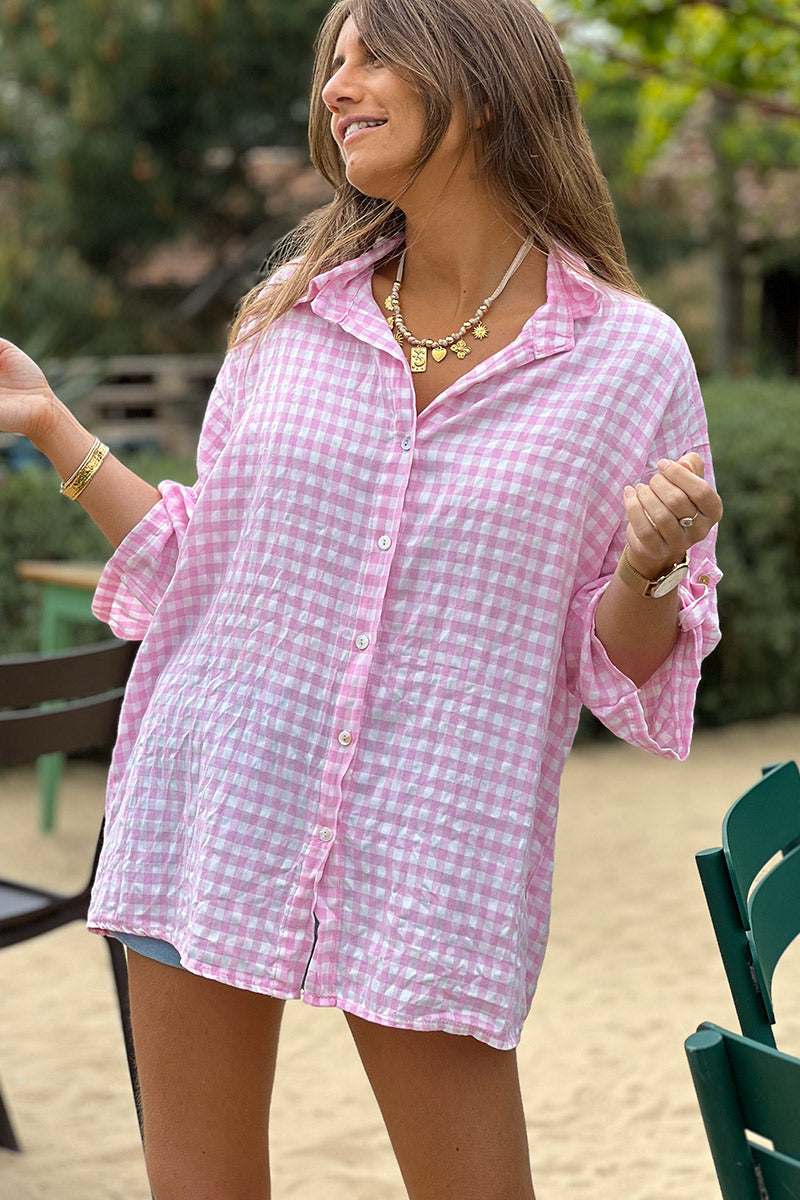 Chemise rose large manches 3/4 imprimé vichy