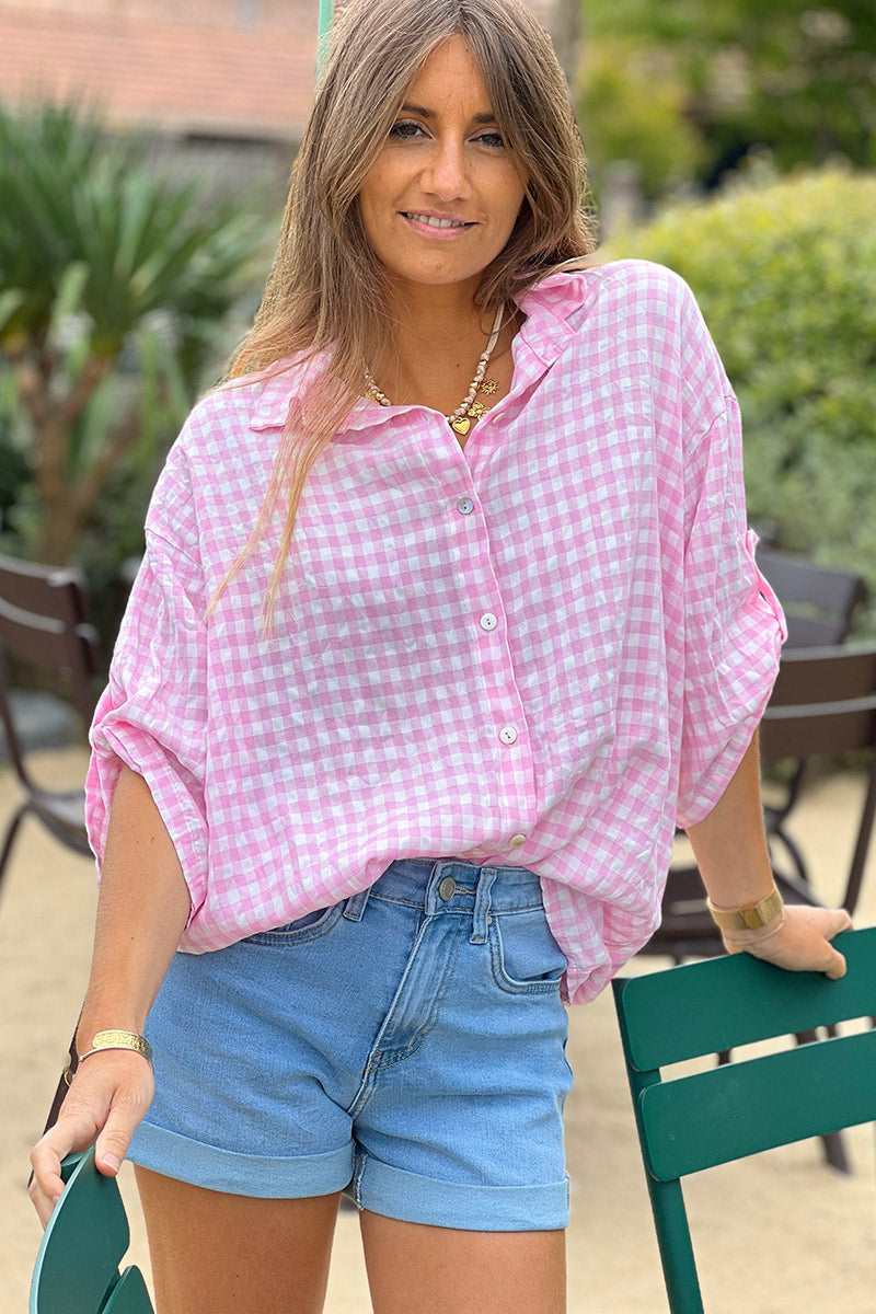 Chemise rose large manches 3/4 imprimé vichy