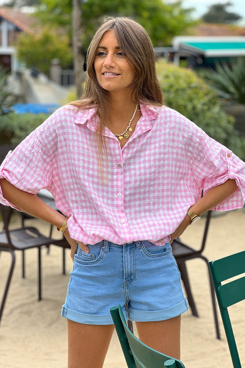 Chemise rose large manches 3/4 imprimé vichy