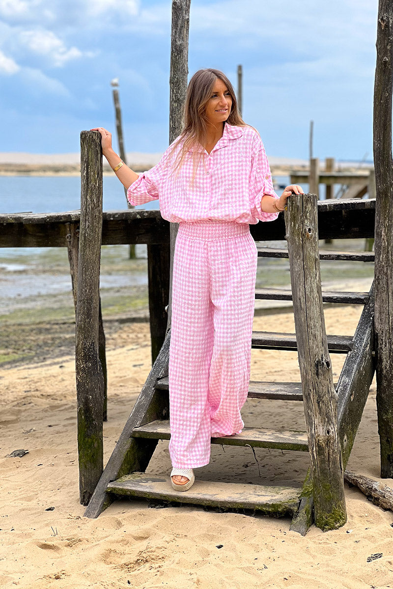 Chemise rose large manches 3/4 imprimé vichy